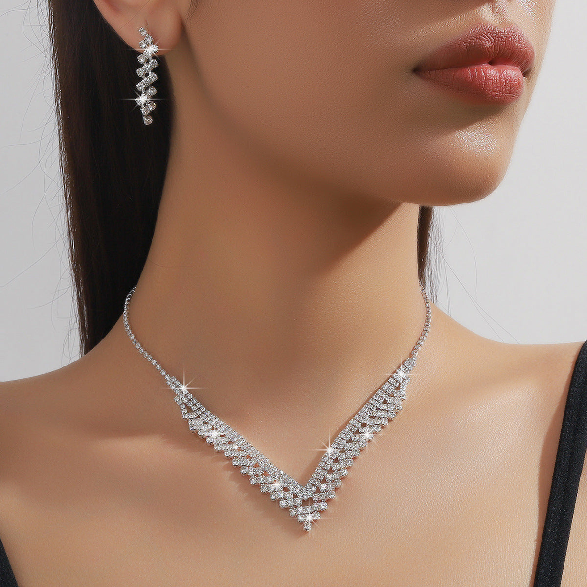 "3PC Bridal Jewelry Set – Silver Plated Rhinestone Necklace, Bracelet & Tassel Earrings"