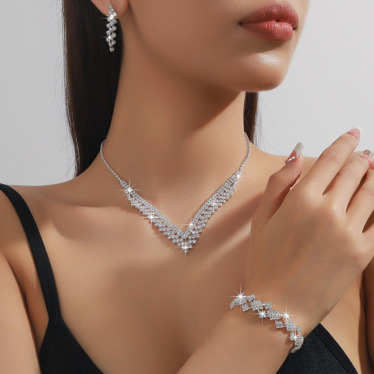 "3PC Bridal Jewelry Set – Silver Plated Rhinestone Necklace, Bracelet & Tassel Earrings"