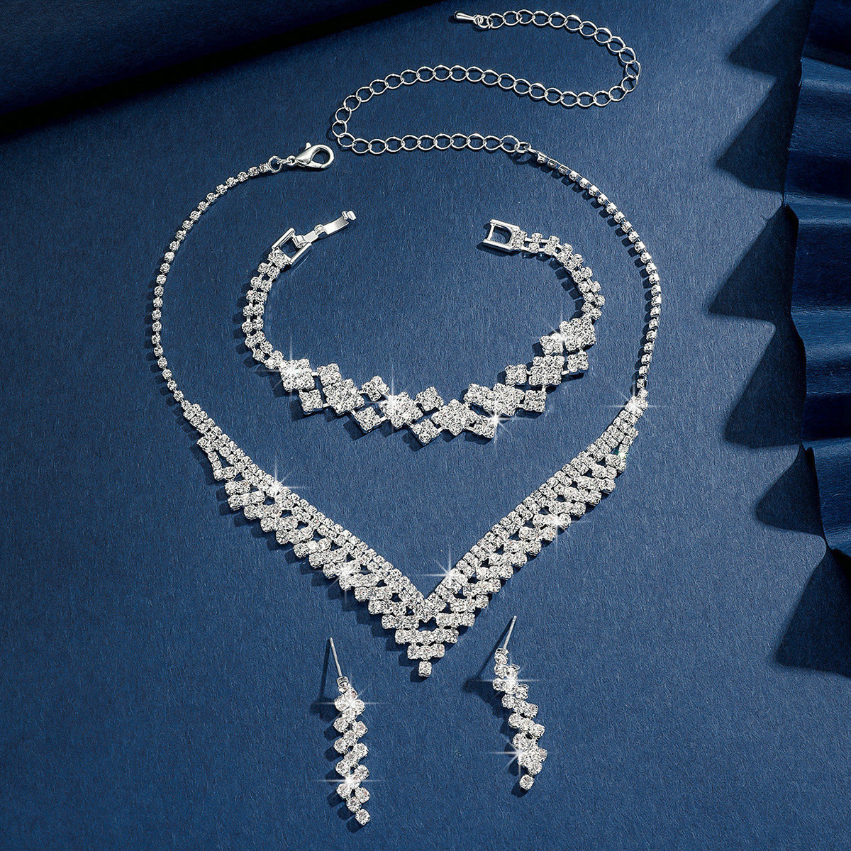 "3PC Bridal Jewelry Set – Silver Plated Rhinestone Necklace, Bracelet & Tassel Earrings"