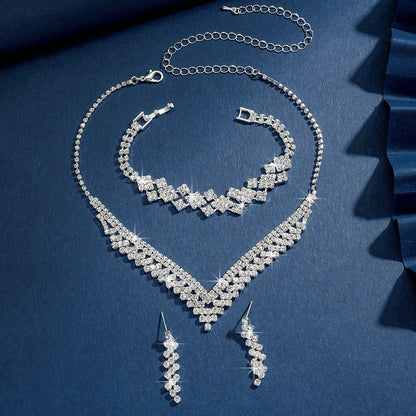 "3PC Bridal Jewelry Set – Silver Plated Rhinestone Necklace, Bracelet & Tassel Earrings"