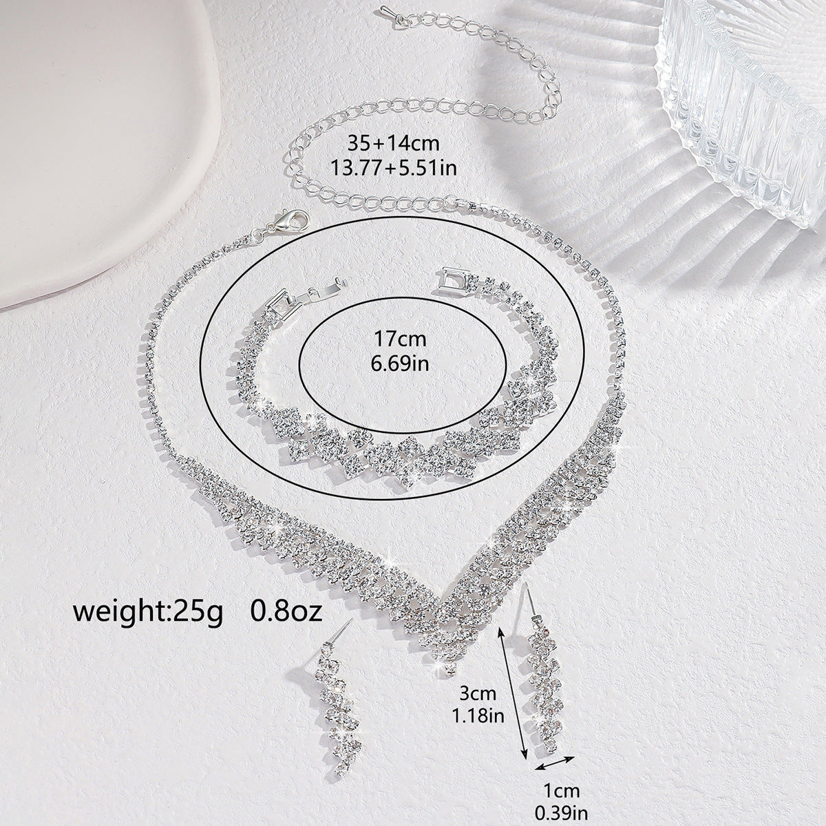 "3PC Bridal Jewelry Set – Silver Plated Rhinestone Necklace, Bracelet & Tassel Earrings"