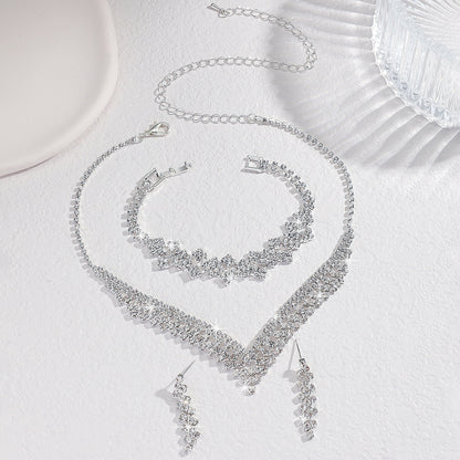 "3PC Bridal Jewelry Set – Silver Plated Rhinestone Necklace, Bracelet & Tassel Earrings"